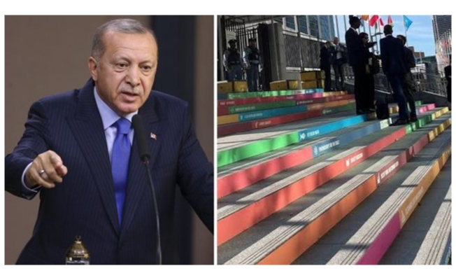 BM Genel Kurulu'nun merdivenlerinde LGBT'yi temsil eden renklerin olması Erdoğan'ı kızdırdı
